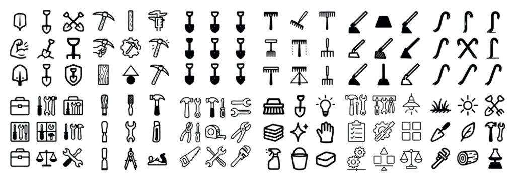 Gardening icons with shovel rake hoe minimal