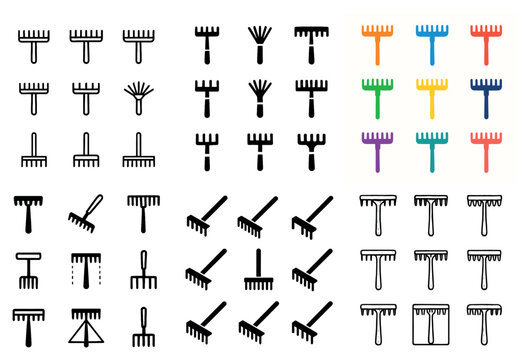 Gardening icons with rake handle tine colorful flat