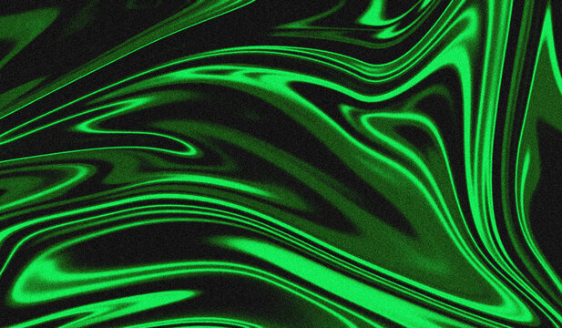 Abstract vibrant neon green fluid wave patterns swirl dynamically against a textured dark background texture