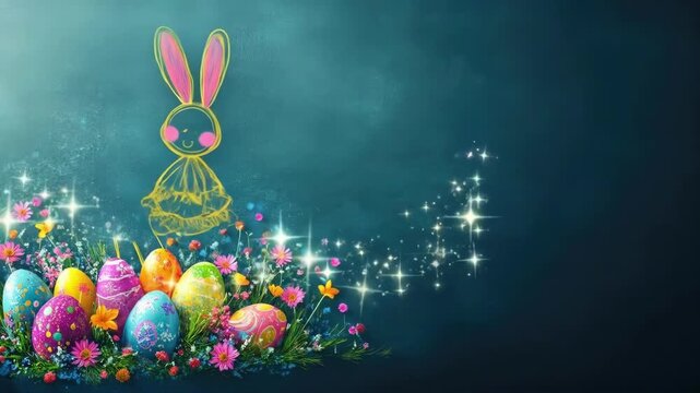 Colorful easter eggs and floral bunny chalk drawing on dark background. Easter, Pascha, Paskha, Ostern, Pascua, Paques - Orthodox and Catholic Holiday celebration