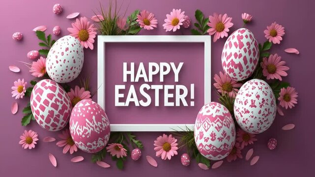 Pink and white easter eggs and flowers with festive happy easter message. Easter, Pascha, Paskha, Ostern, Pascua, Paques - Orthodox and Catholic Holiday celebration