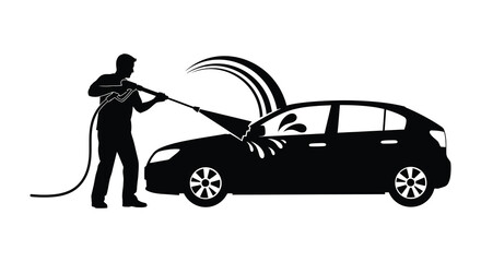 A man is washing a car with a high pressure water hose depicted in a striking black silhouette high quality professional detailed © GDSneha02
