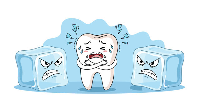 Shivering cartoon tooth stands between two large angry ice cubes expressing sensitivity and pain caused by cold temperatures on its enamel.