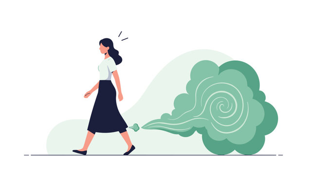 Young woman in a white shirt and black skirt walks confidently while leaving a large green cloud of smelly gas behind her in the air.