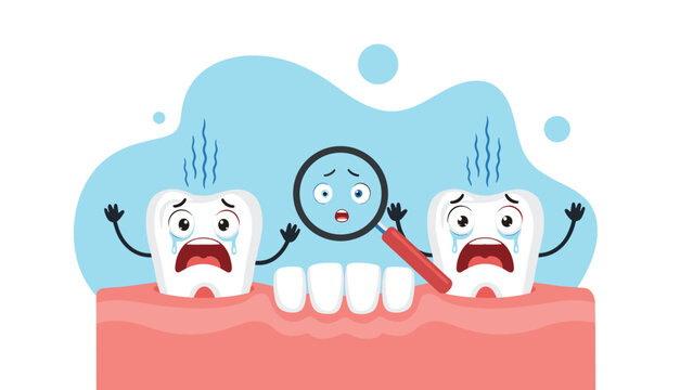 Sad cartoon teeth with crying faces are shown on pink gums where one tooth is missing and being examined by a large magnifying glass.