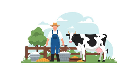 A farmer stands with a cow near a wooden fence depicted in a flat illustrative style silhouette high quality professional detailed © GDSneha02