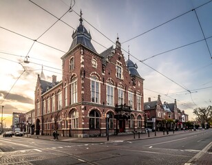 Obraz premium Ornate brick building at a street corner with sky and overhead cables