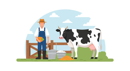 A farmer stands beside a spotted cow near a wooden fence under a partly cloudy sky silhouette high quality professional detailed © GDSneha02