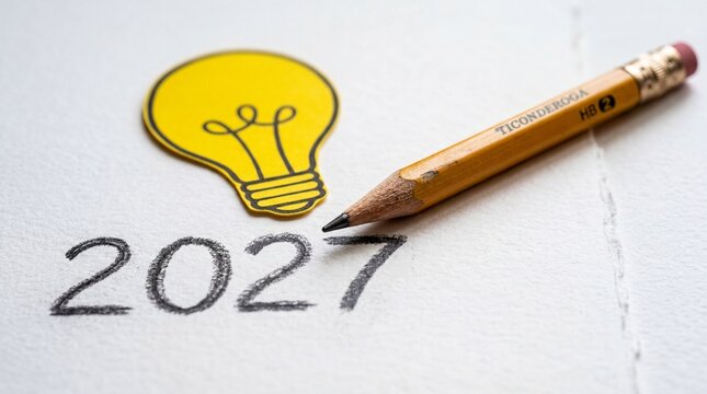 New Year 2027 Ideas and Planning with Lightbulb and Pencil.