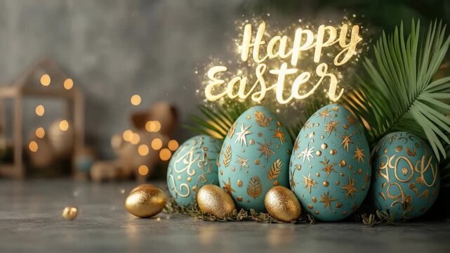 Decorative easter eggs with gold ornaments and happy easter sign. Easter, Pascha, Paskha, Ostern, Pascua, Paques - Orthodox and Catholic Holiday celebration