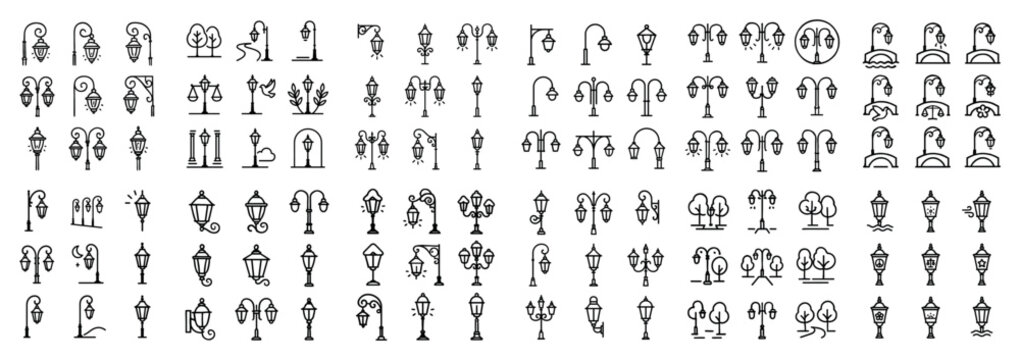 Street icons with lamp post lantern thin outline