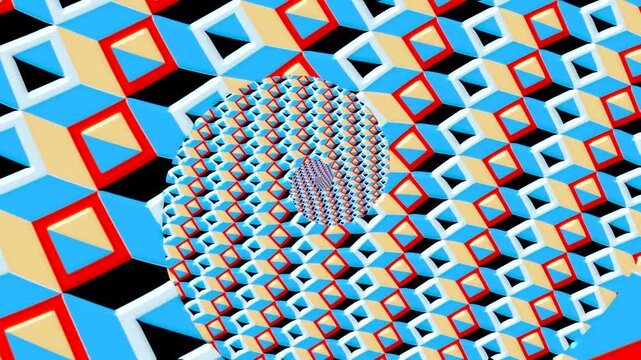 Colorful geometric patterns create a spiral effect and draw in viewers with motion