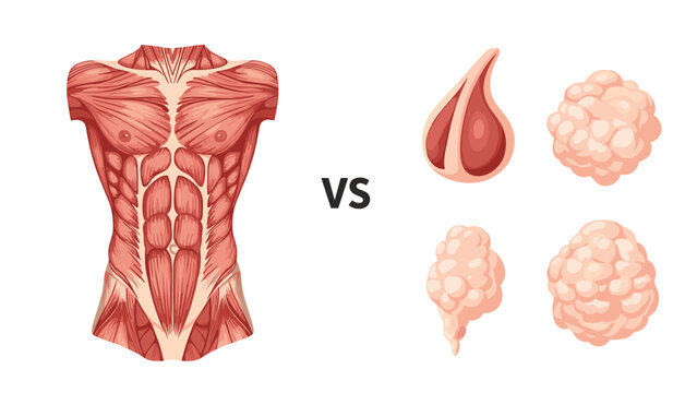 Anatomical comparison between human torso muscles and fat tissue blobs illustrating fitness and weight loss goals.