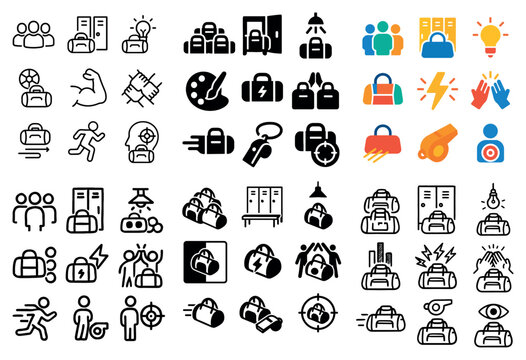 Fitness icons with bag locker and whistle outline