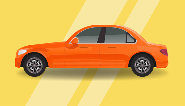 Modern orange sedan car side view. Flat vector illustration of a generic automobile with glossy finish for transportation, travel, and rent car business concepts.