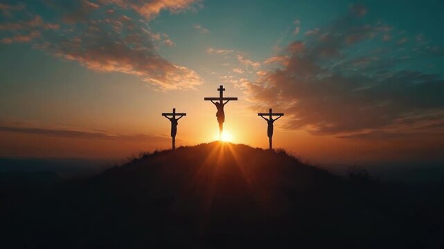 Silhouetted crucifixion scene at sunset with three crosses on hill. Easter, Pascha, Paskha, Ostern, Pascua, Paques - Orthodox and Catholic Holiday celebration