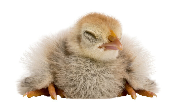Cute fluffy baby chick sleeping with closed eyes, light brown and white feathers, small orange feet, isolated PNG on transparent background
