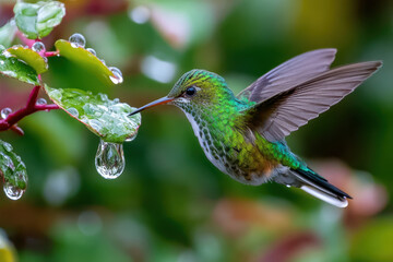 Fototapeta premium Hummingbird Drinking from Dewdrop on a Leaf