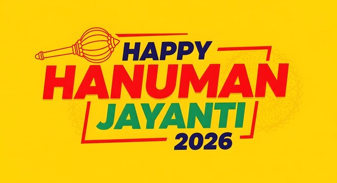 Happy hanuman jayanti 2026 greeting card design with lord hanuman gada mace symbol on yellow background