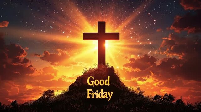 Vivid sunset behind cross on good friday with illuminated sky and clouds. Easter, Pascha, Paskha, Ostern, Pascua, Paques - Orthodox and Catholic Holiday celebration