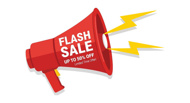 A vibrant red megaphone announces a flash sale with bright yellow lightning bolts creating a bold silhouette high quality professional detailed