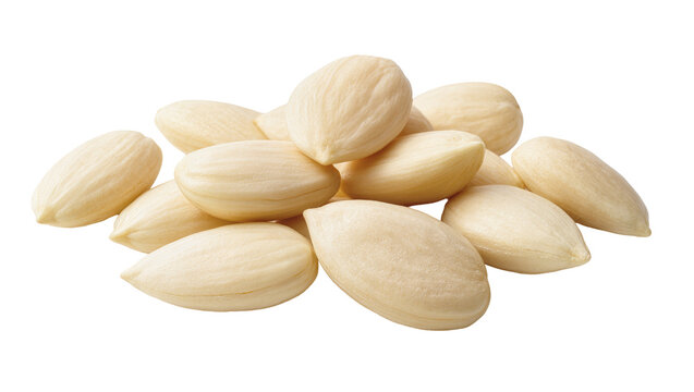 Pile of blanched almonds, healthy and nutritious snack food ingredient, perfectly isolated PNG for culinary designs and packaging