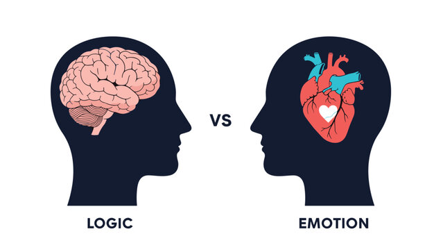 Conceptual illustration comparing logic and emotion by showing a brain and a heart inside human head silhouettes for psychological analysis.