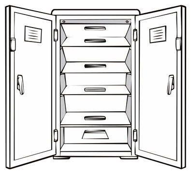 Empty metal school or gym locker with doors wide open vector style drawing