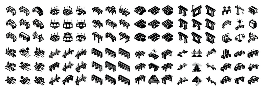 Bridge icons with arch beam and pillar isometric
