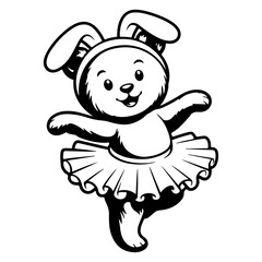 Obraz premium Cute bunny ballerina dancing in tutu cartoon character black and white vector illustration, bunny, rabbit, ballerina, dance, tutu, cute, cartoon, character, animal, ballet, dancer