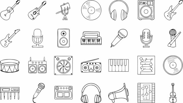 Music and entertainment icons set black and white illustrations of audio equipment and musical instruments