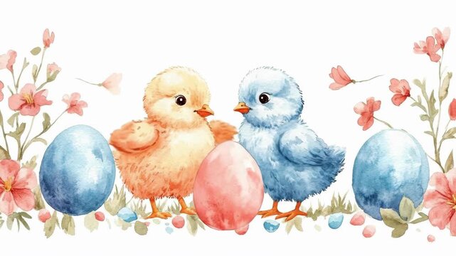 Watercolor chicks and easter eggs with floral accents in pastel colors. Easter, Pascha, Paskha, Ostern, Pascua, Paques - Orthodox and Catholic Holiday celebration