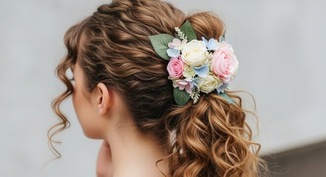 Hairstyle featuring intricate curls and a vibrant flower crown creates a sophisticated look for a young woman attending a formal event or spring celebration in this professional studio portrait.