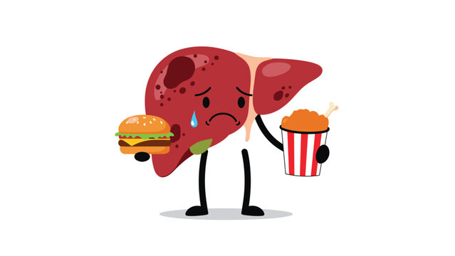 Unhappy human liver character looking tired and holding a burger and fried chicken to illustrate the negative effects of fatty foods on health.