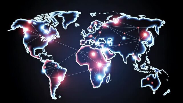 Global network connections with illuminated points on map highlighting international data