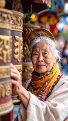 Fototapeta premium Portrait of a senior woman with prayer wheels. Tibetan culture