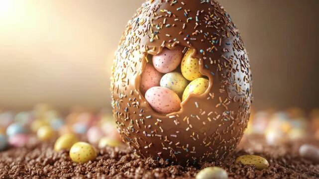 Chocolate egg filled with colorful easter candy on sprinkled crumb surface. Easter, Pascha, Paskha, Ostern, Pascua, Paques - Orthodox and Catholic Holiday celebration