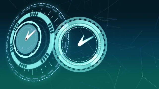 Animation of moving clocks over blue and green background with lines