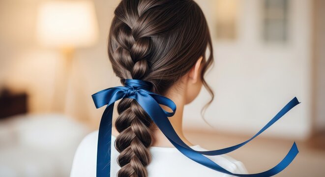 Woman with a classic French braid hairstyle featuring a vibrant blue silk ribbon tied at the base shows an elegant and timeless look suitable for formal events, weddings, or everyday sophisticated.
