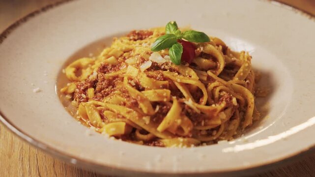 Top view of a plate of tagliatelle pasta with rich tomato sauce
