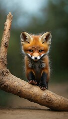 Fototapeta premium Charming Red Fox Cub Playfully Climbing a Branch in a Lush Green Forest Setting, Nature s Beauty