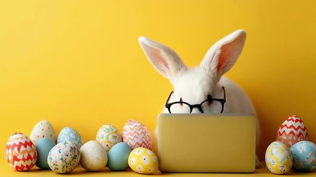 Cute white rabbit with glasses using laptop surrounded by colorful easter eggs. Easter, Pascha, Paskha, Ostern, Pascua, Paques - Orthodox and Catholic Holiday celebration