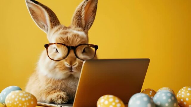 Adorable bunny wearing glasses using laptop surrounded by colorful easter eggs. Easter, Pascha, Paskha, Ostern, Pascua, Paques - Orthodox and Catholic Holiday celebration