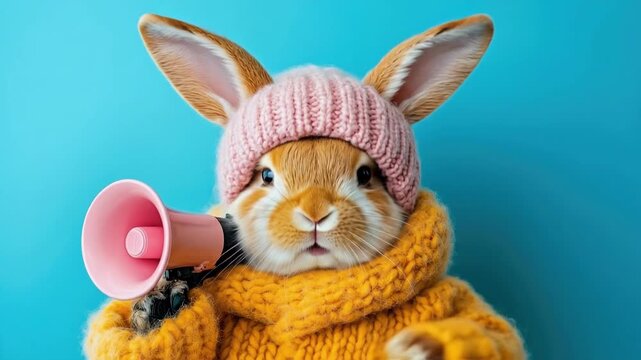 Cute rabbit in yellow sweater and pink hat holding megaphone against blue background. Easter, Pascha, Paskha, Ostern, Pascua, Paques - Orthodox and Catholic Holiday celebration