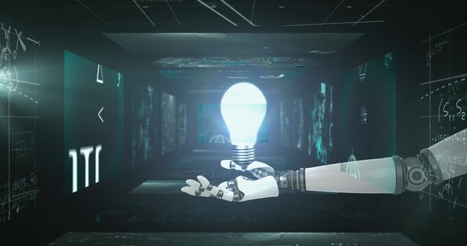 Animation of robotic hand holding light bulb over mathematical equations