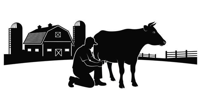 A farmer milks a cow in front of a barn and silos depicted in a striking black silhouette high quality professional