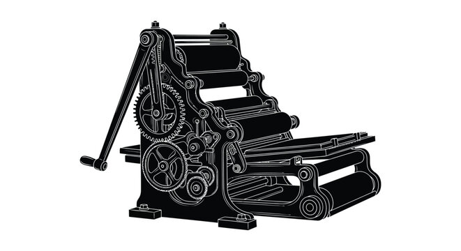 Detailed illustration of a vintage printing press showcasing intricate mechanical parts in a striking black silhouette high quality professional detailed modern