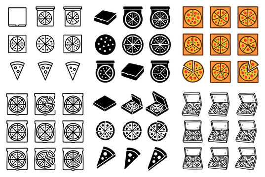 Pizza icons with slice box pie flat