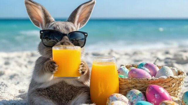 Easter bunny enjoying orange juice on beach with colorful eggs. Easter, Pascha, Paskha, Ostern, Pascua, Paques - Orthodox and Catholic Holiday celebration