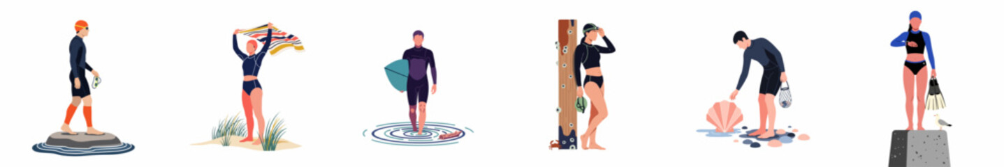 Flat illustration collection of diverse people in wetsuits engaged in various water sports and ocean activities like surfing, swimming, and exploring. © Mairiko